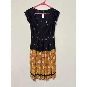 Y2K Floral Babydoll Dress Black/Yellow Pleated MNG Collection VTG Women's Medium